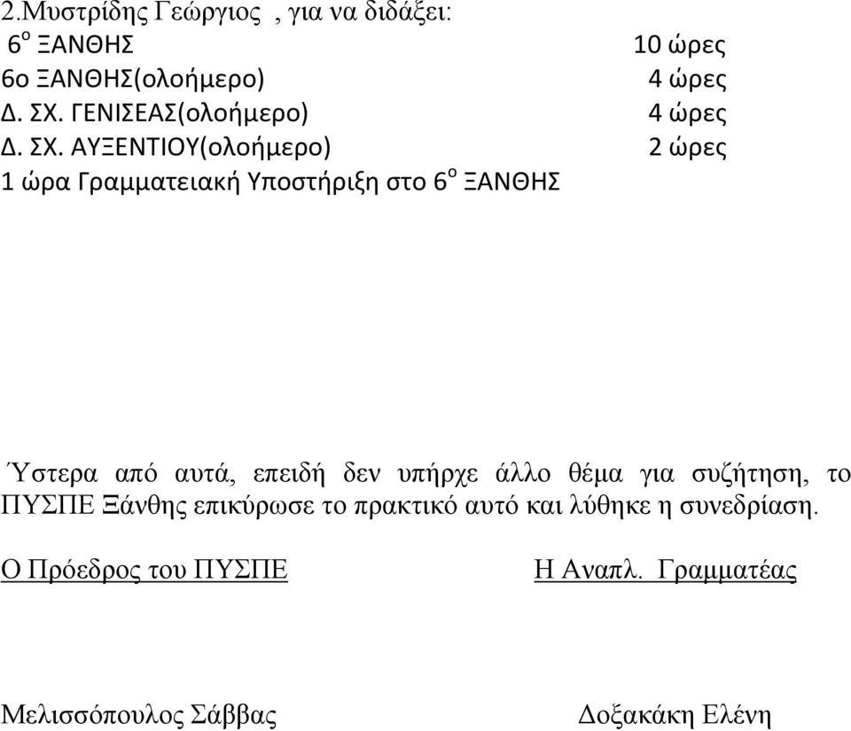 ΑΥΞΕΝΤΙΟΥ(ολοήμερο) 2 ώρες 1 ώρα Γραμματειακή Υποστήριξη στο 6 ο ΞΑΝΘΗΣ Ύστερα από αυτά, επειδή δεν