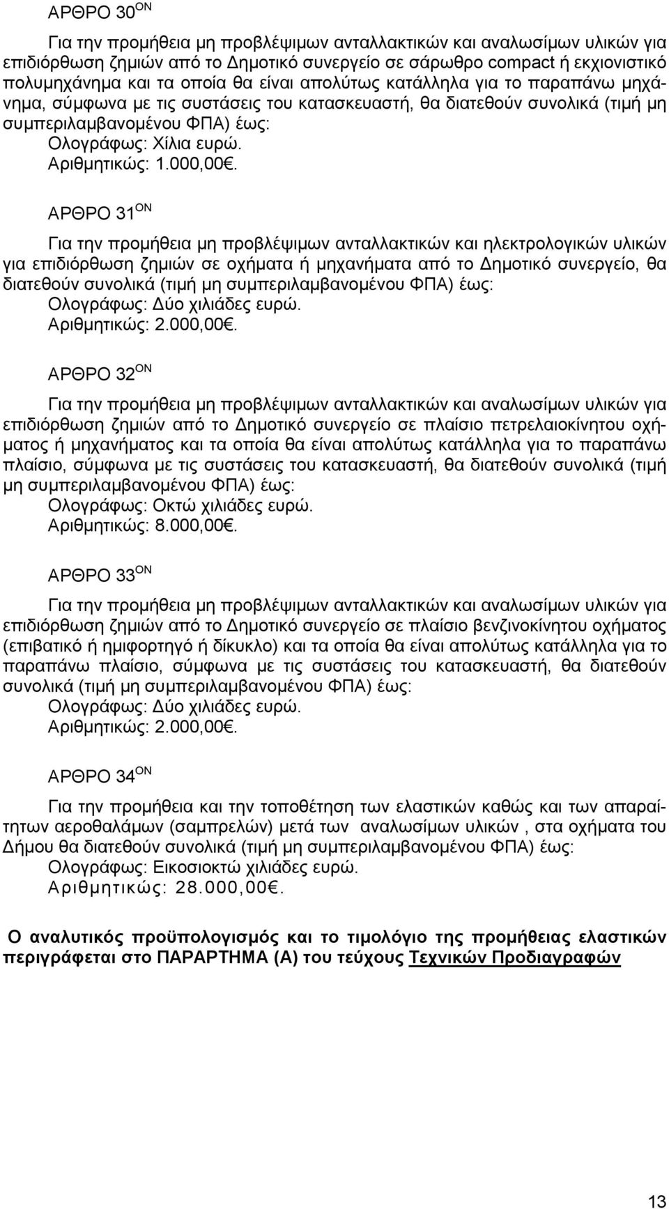 ΑΡΘΡΟ 31 ΟΝ Για την προμήθεια μη προβλέψιμων ανταλλακτικών και ηλεκτρολογικών υλικών για επιδιόρθωση ζημιών σε οχήματα ή μηχανήματα από το Δημοτικό συνεργείο, θα διατεθούν συνολικά (τιμή μη