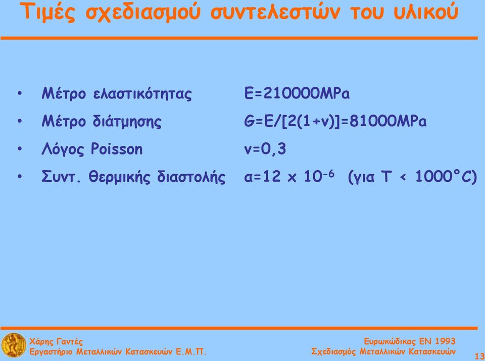 G=Ε/[2(1+ν)]=81000MPa Λόγος Poisson ν=0,3 Συντ.