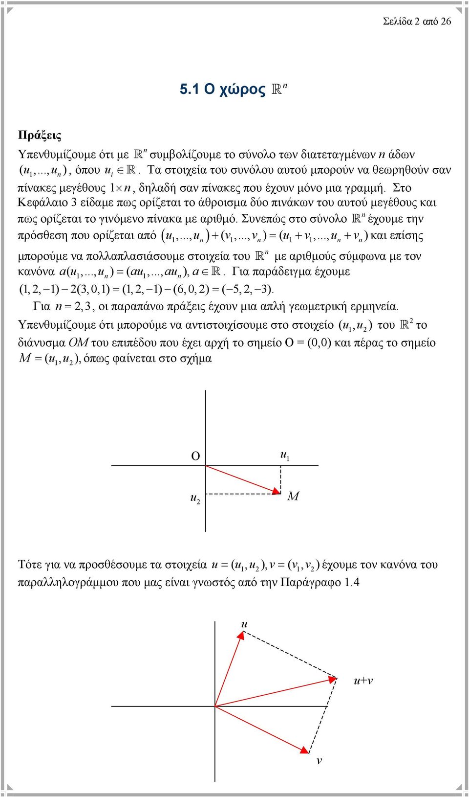 Στο Κεφάλαιο είδαµε πως ορίζεται το άθροισµα δύο πινάκων του αυτού µεγέθους και πως ορίζεται το γινόµενο πίνακα µε αριθµό. Συνεπώς στο σύνολο R έχουµε την πρόσθεση που ορίζεται από ( u1,..., u) + ( 1,.