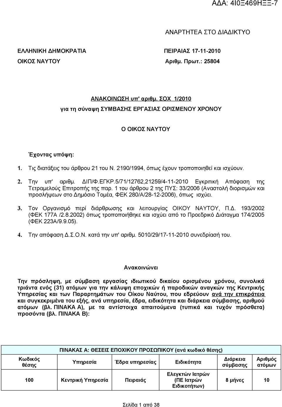 ΕΓΚΡ.5/71/12762,21259/4-11-2010 Εγκριτική Απόφαση της Τετραμελούς Επιτροπής της παρ.
