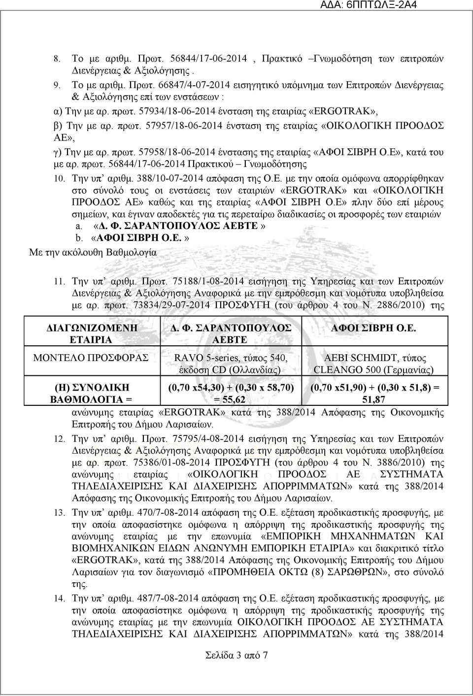 Ε», κατά του με αρ. πρωτ. 56844/17-06-2014 Πρακτικού Γνωμοδότησης 10. Την υπ αριθμ. 388/10-07-2014 απόφαση της Ο.Ε. με την οποία ομόφωνα απορρίφθηκαν στο σύνολό τους οι ενστάσεις των εταιριών «ERGOTRAK» και «ΟΙΚΟΛΟΓΙΚΗ ΠΡΟΟΔΟΣ ΑΕ» καθώς και της εταιρίας «ΑΦΟΙ ΣΙΒΡΗ Ο.