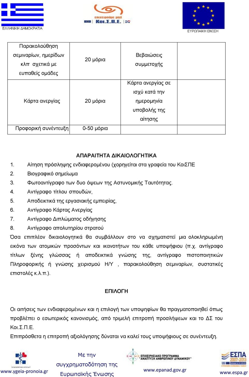 4. Αντίγραφο τίτλου σπουδών, 5. Αποδεικτικά της εργασιακής εμπειρίας, 6. Αντίγραφο Κάρτας Ανεργίας 7. Αντίγραφο Διπλώματος οδήγησης 8.