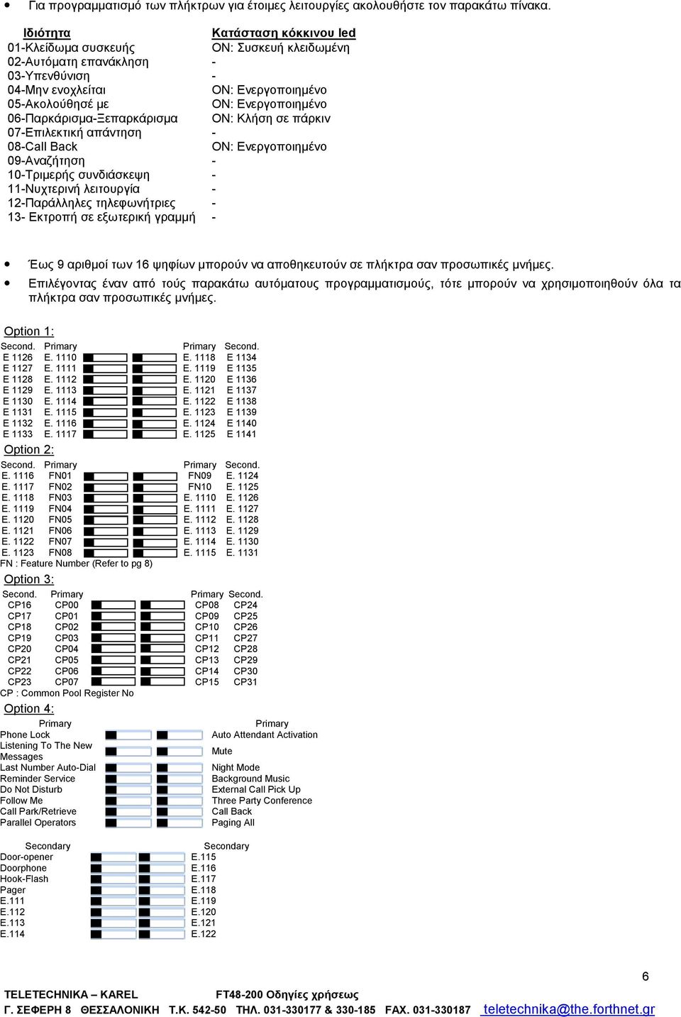 06-Παρκάρισμα-Ξεπαρκάρισμα ON: Κλήση σε πάρκιν 07-Επιλεκτική απάντηση - 08-Call Back ON: Ενεργοποιημένο 09-Αναζήτηση - 10-Τριμερής συνδιάσκεψη - 11-Νυχτερινή λειτουργία - 12-Παράλληλες τηλεφωνήτριες