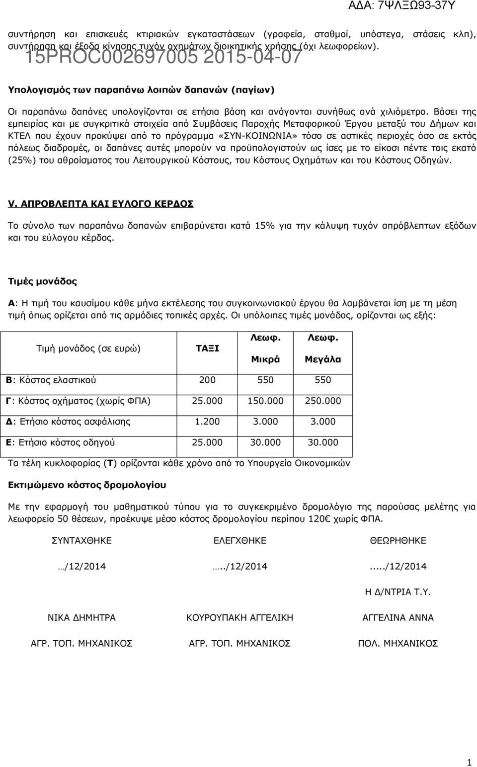 Βάσει της εμπειρίας και με συγκριτικά στοιχεία από Συμβάσεις Παροχής Μεταφορικού Έργου μεταξύ του Δήμων και ΚΤΕΛ που έχουν προκύψει από το πρόγραμμα «ΣΥΝ-ΚΟΙΝΩΝΙΑ» τόσο σε αστικές περιοχές όσο σε