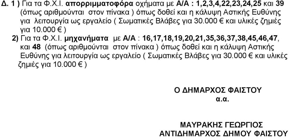 λειτουργία ως εργαλείο ( Σωματικές Βλάβες για 30.000 και υλικές ζημιές για 10.000 ) 2) Για τα Φ.Χ.Ι.