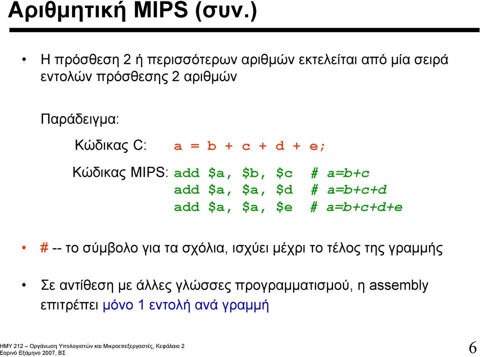 Παράδειγμα: Κώδικας C: a = b + c + d + e; Κώδικας MIPS: add $a, $b, $c # a=b+c add $a, $a, $d #