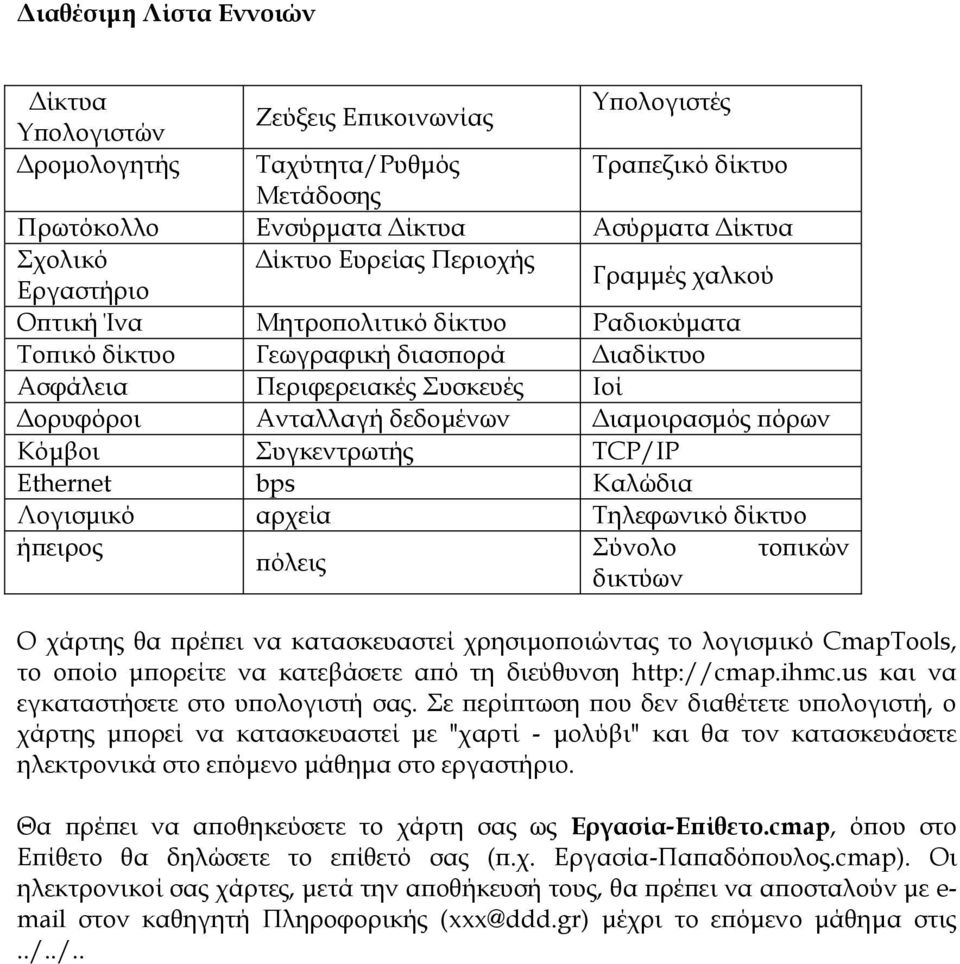 Διαμοιρασμός πόρων Κόμβοι υγκεντρωτής TCP/IP Ethernet bps Καλώδια Λογισμικό αρχεία Σηλεφωνικό δίκτυο ήπειρος ύνολο τοπικών πόλεις δικτύων Ο χάρτης θα πρέπει να κατασκευαστεί χρησιμοποιώντας το