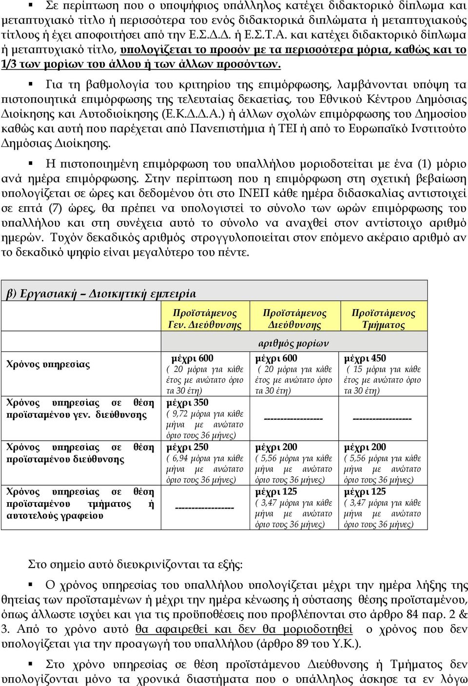 Για τη βαθμολογία του κριτηρίου της επιμόρφωσης, λαμβάνονται υπόψη τα πιστοποιητικά επιμόρφωσης της τελευταίας δεκαετίας, του Εθνικού Κέντρου Δημόσιας Διοίκησης και Αυ