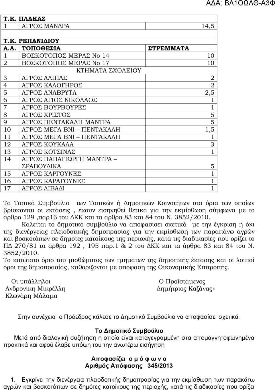 ΜΑΝΤΡΑ ΣΡΑΒΟΥΔΙΚΑ 5 15 ΑΓΡΟΣ ΚΑΡΓΟΥΝΕΣ 1 16 ΑΓΡΟΣ ΚΑΡΑΓΟΥΝΕΣ 1 17 ΑΓΡΟΣ ΛΙΒΑΔΙ 1 Τα Τοπικά Συμβούλια των Τοπικών ή Δημοτικών Κοινοτήτων στα όρια των οποίων βρίσκονται οι εκτάσεις, έχουν εισηγηθεί