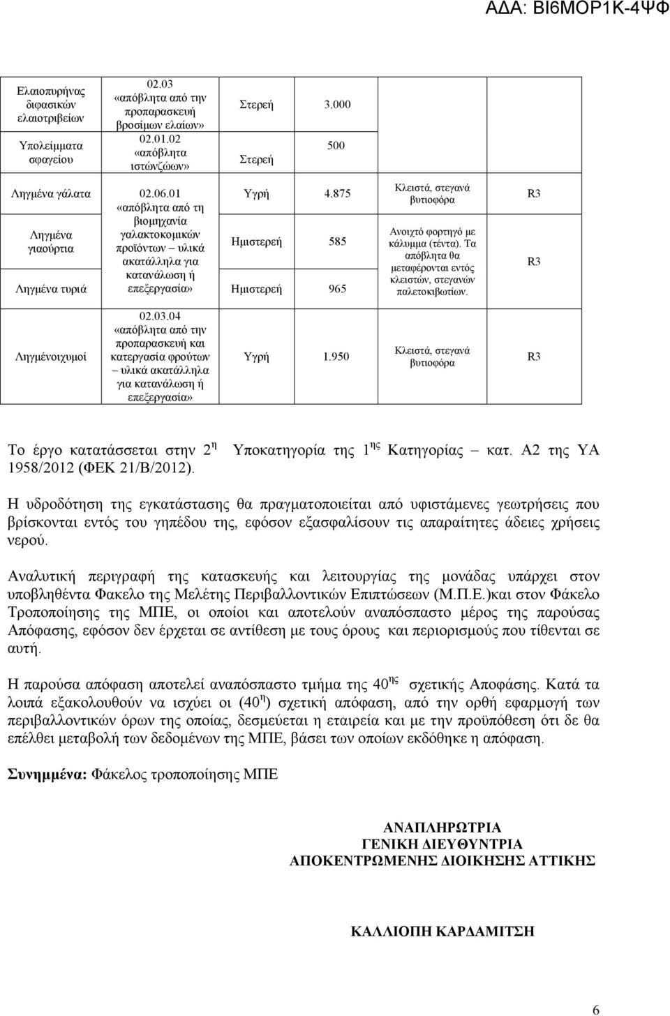 875 Ηµιστερεή 585 Ληγµένα τυριά επεξεργασία» Ηµιστερεή 965 Κλειστά, στεγανά βυτιοφόρα Ανοιχτό φορτηγό µε κάλυµµα (τέντα). Τα απόβλητα θα µεταφέρονται εντός κλειστών, στεγανών παλετοκιβωτίων.