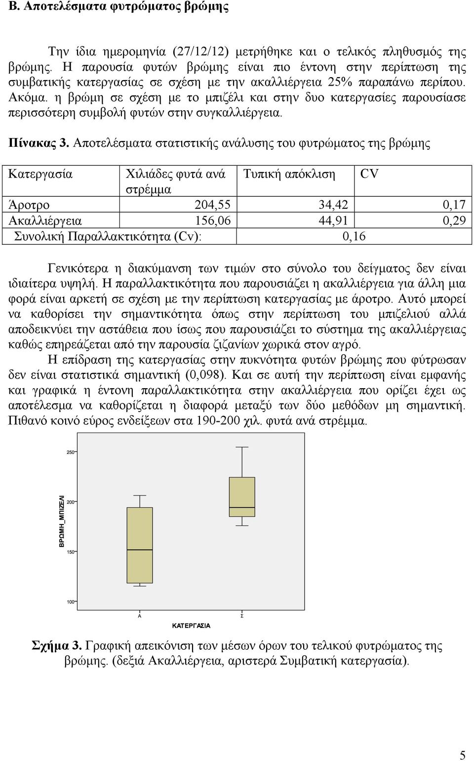 η βρώμη σε σχέση με το μπιζέλι και στην δυο κατεργασίες παρουσίασε περισσότερη συμβολή φυτών στην συγκαλλιέργεια. Πίνακας 3.