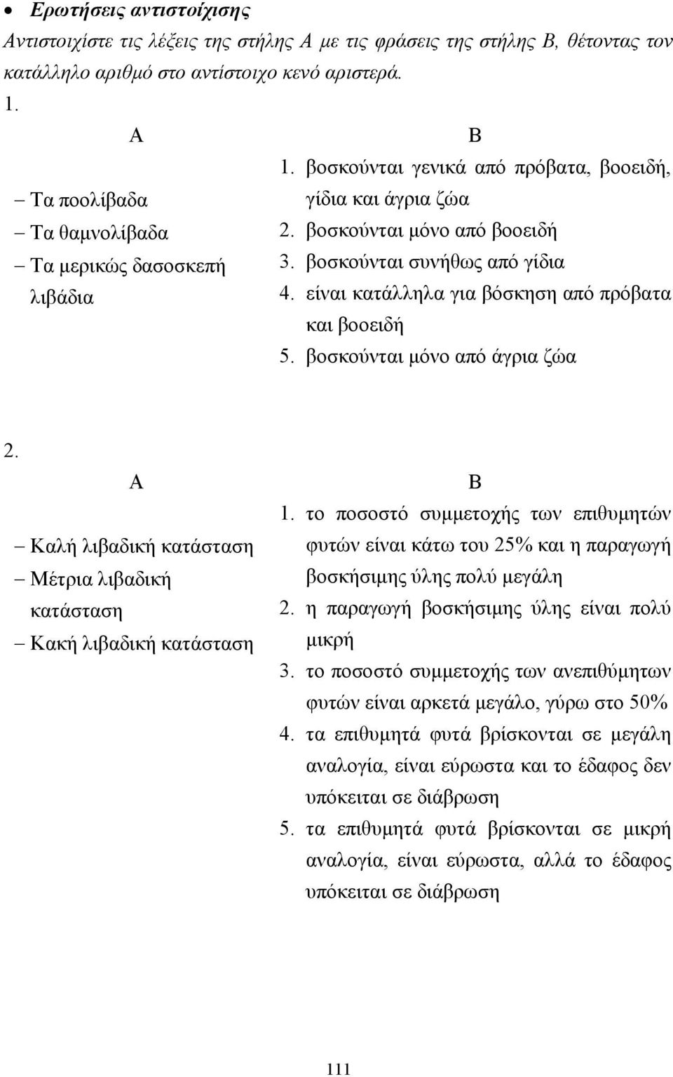 είναι κατάλληλα για βόσκηση από πρόβατα και βοοειδή 5. βοσκούνται µόνο από άγρια ζώα 2. Α Καλή λιβαδική κατάσταση Μέτρια λιβαδική κατάσταση Κακή λιβαδική κατάσταση Β 1.