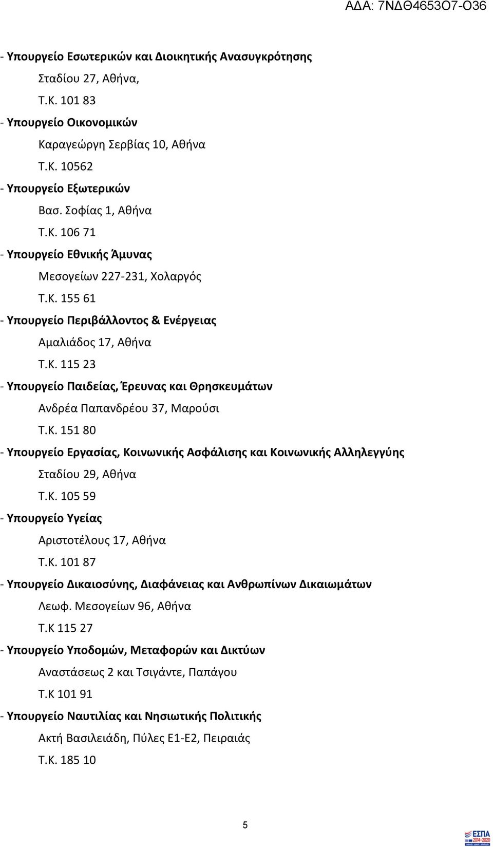 Κ. 105 59 - Υπουργείο Υγείας Αριστοτέλους 17, Αθήνα Τ.Κ. 101 87 - Υπουργείο Δικαιοσύνης, Διαφάνειας και Ανθρωπίνων Δικαιωμάτων Λεωφ. Μεσογείων 96, Αθήνα Τ.