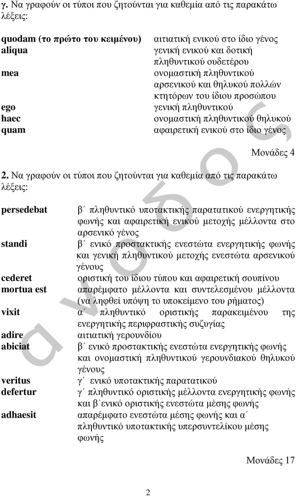 Να γραφούν οι τύποι που ζητούνται για καθεμία από τις παρακάτω persedebat β πληθυντικό υποτακτικής παρατατικού ενεργητικής φωνής και αφαιρετική ενικού μετοχής μέλλοντα στο αρσενικό γένος standi β