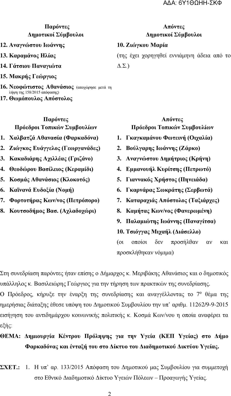 Χαλβατζά Αθανασία (Φαρκαδόνα) 1. Γκαγκαμάνου Φωτεινή (Οιχαλία) 2. Ζιώγκος Ευάγγελος (Γεωργανάδες) 2. Βούλγαρης Ιωάννης (Ζάρκο) 3. Κακαδιάρης Αχιλλέας (Γριζάνο) 3. Αναγνώστου Δημήτριος (Κρήνη) 4.