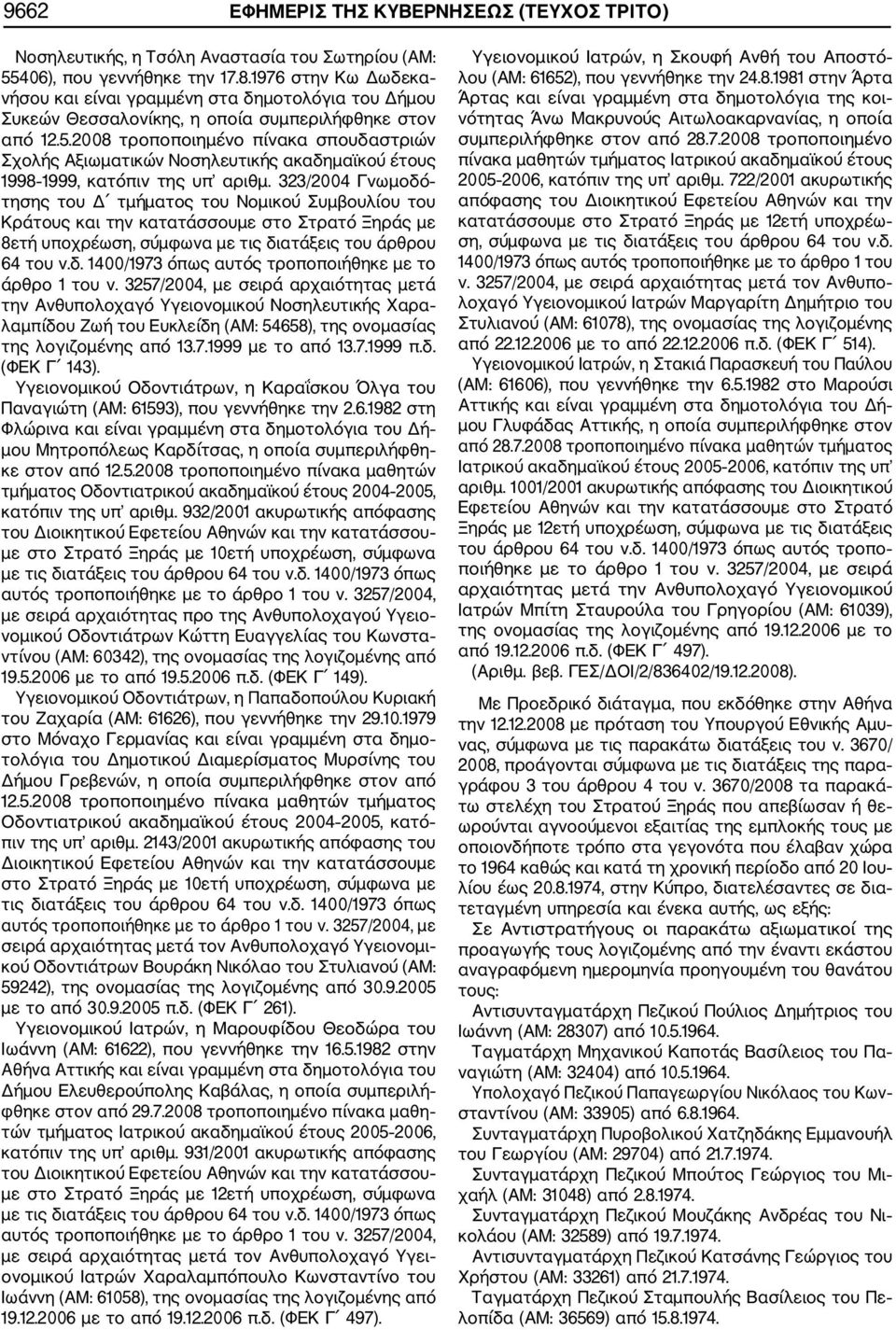 2008 τροποποιημένο πίνακα σπουδαστριών Σχολής Αξιωματικών Νοσηλευτικής ακαδημαϊκού έτους 1998 1999, κατόπιν της υπ αριθμ.
