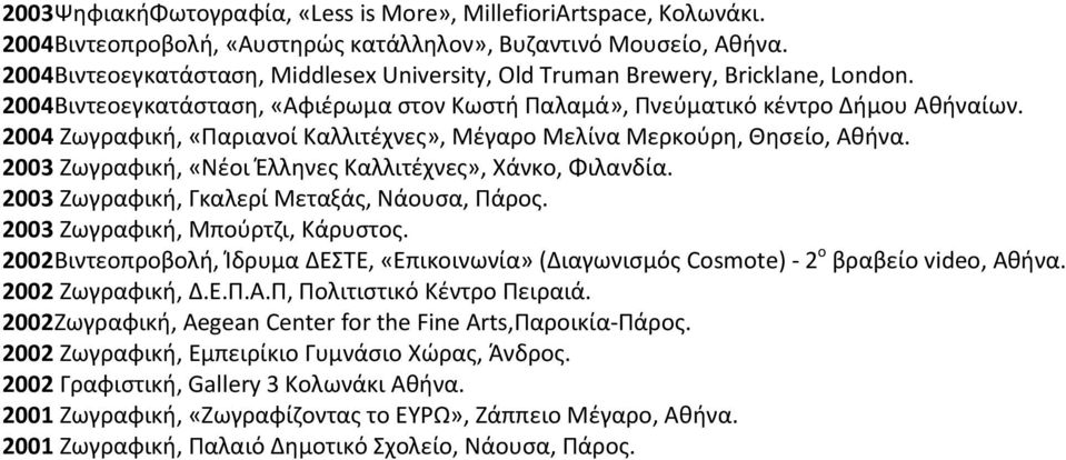 2004 Ηωγραφικι, «Παριανοί Καλλιτζχνεσ», Μζγαρο Μελίνα Μερκοφρθ, Κθςείο, Ακινα. 2003 Ηωγραφικι, «Νζοι Ζλλθνεσ Καλλιτζχνεσ», Χάνκο, Φιλανδία. 2003 Ηωγραφικι, Γκαλερί Μεταξάσ, Νάουςα, Πάροσ.
