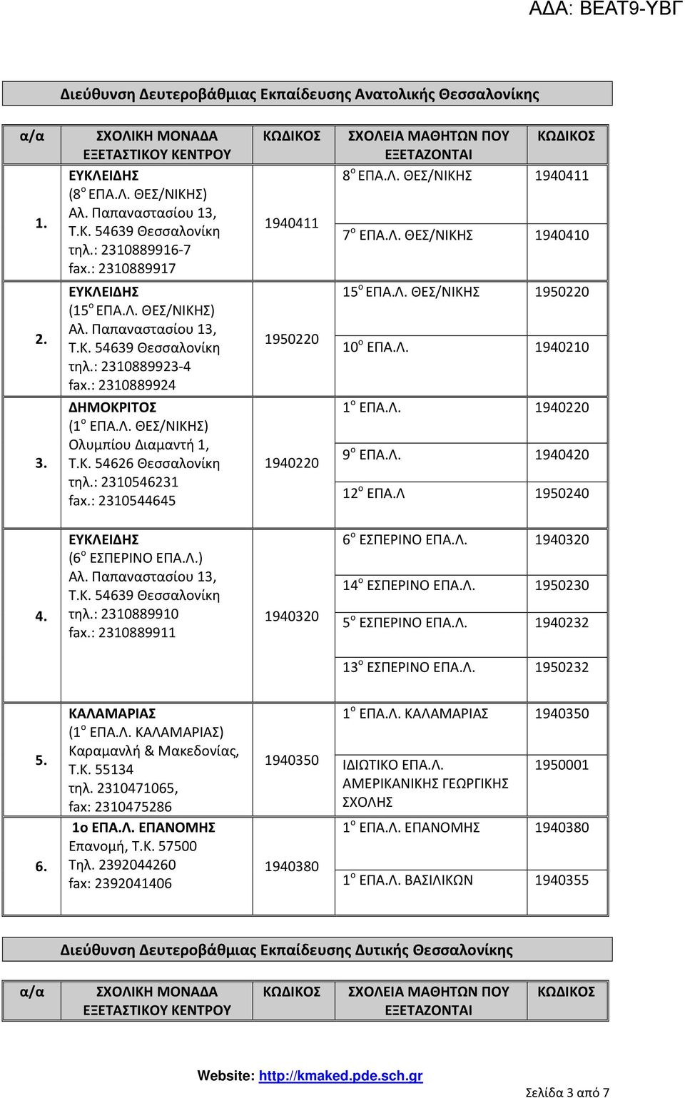 Λ. ΘΕΣ/ΝΙΚΗΣ 1940410 15 ο ΕΠΑ.Λ. ΘΕΣ/ΝΙΚΗΣ 1950220 10 ο ΕΠΑ.Λ. 1940210 1 ο ΕΠΑ.Λ. 1940220 9 ο ΕΠΑ.Λ. 1940420 12 ο ΕΠΑ.Λ 1950240 4. ΕΥΚΛΕΙΔΗΣ (6 ο ΕΣΠΕΡΙΝΟ ΕΠΑ.Λ.) Αλ. Παπαναστασίου 13, Τ.Κ. 54639 Θεσσαλονίκη τηλ.