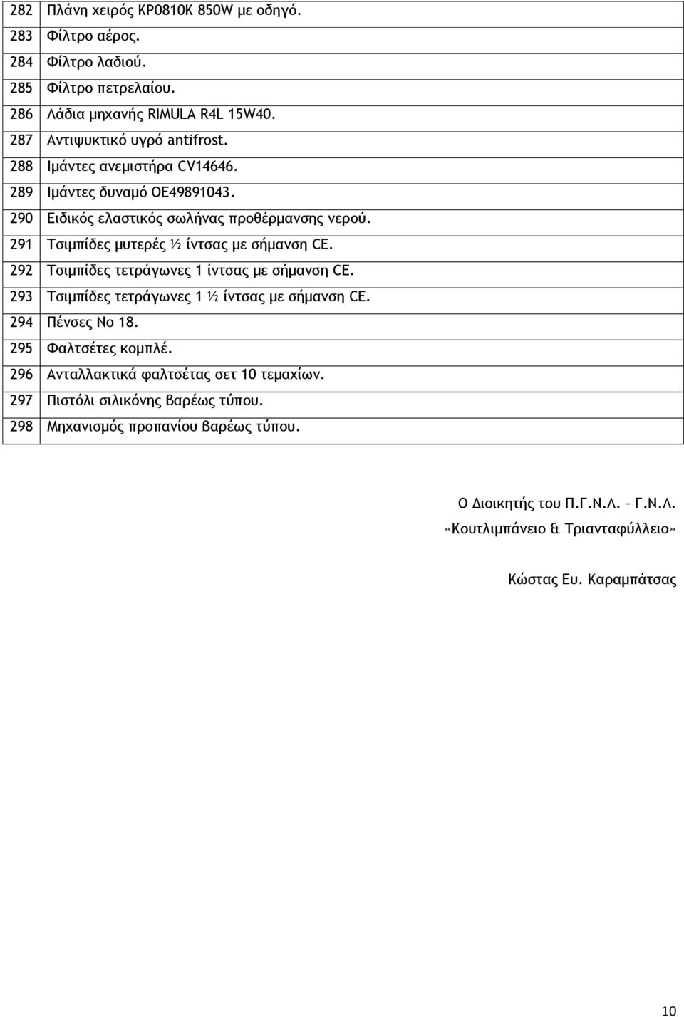 292 Τσιμπίδες τετράγωνες 1 ίντσας με σήμανση CE. 293 Τσιμπίδες τετράγωνες 1 ½ ίντσας με σήμανση CE. 294 Πένσες Νο 18. 295 Φαλτσέτες κομπλέ.