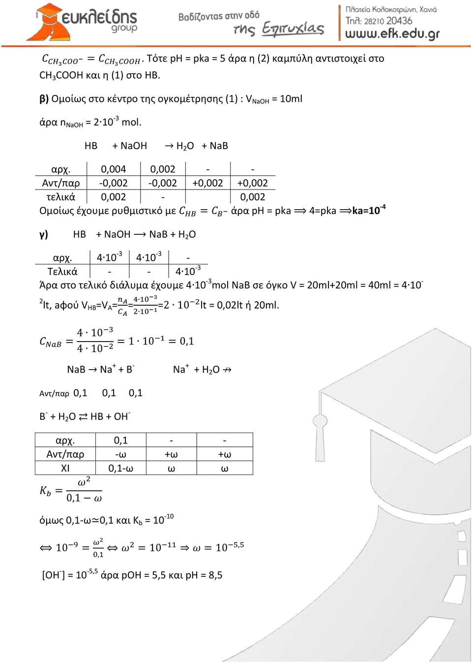 0,004 0,002 - - Αντ/παρ -0,002-0,002 +0,002 +0,002 τελικά 0,002-0,002 μοίως έχουμε ρυθμιστικό με άρα ph = pka 4=pka ka=10-4 γ) HB + NaOH NaB + H 2 O αρχ.