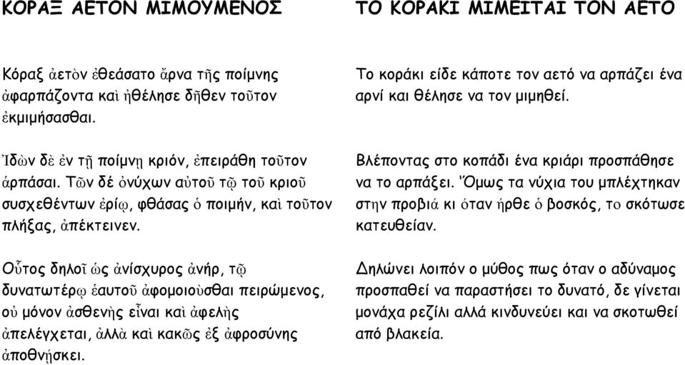 Οὗτος δηλοῖ ὡς ἀνίσχυρος ἀνήρ, τῷ δυνατωτέρῳ ἑαυτοῦ ἀφομοιοὺσθαι πειρώμενος, οὐ μόνον ἀσθενὴς εἶναι καὶ ἀφελὴς ἀπελέγχεται, ἀλλὰ καὶ κακῶς ἐξ ἀφροσύνης ἀποθνῄσκει.