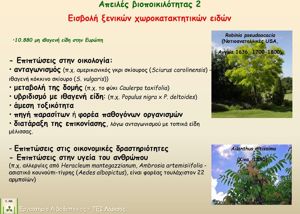 deltoides) άμεση τοξικότητα πηγή παρασίτων ή φορέα παθογόνων οργανισμών διατάραξη της επικονίασης, λόγω ανταγωνισμού με τοπικά είδη μέλισσας.