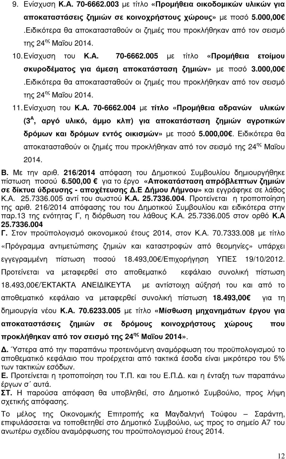 005 µε τίτλο «Προµήθεια ετοίµου σκυροδέµατος για άµεση αποκατάσταση ζηµιών» µε ποσό 3.000,00.Ειδικότερα θα αποκατασταθούν οι ζηµιές που προκλήθηκαν από τον σεισµό της 24 ης Μαΐου 2014. 11.