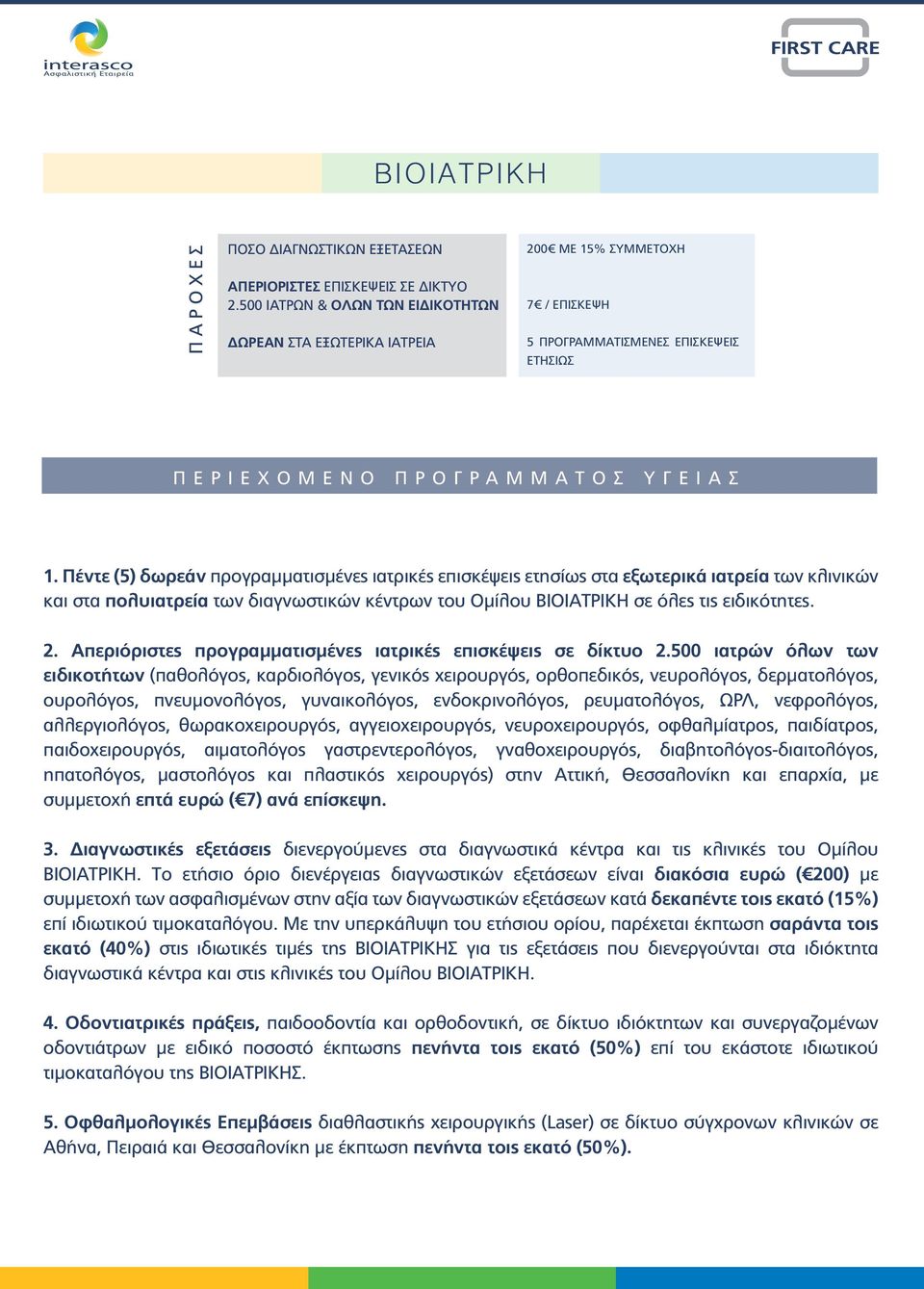 Πέντε (5) δωρεάν προγραµµατισµένες ιατρικές επισκέψεις ετησίως στα εξωτερικά ιατρεία των κλινικών και στα πολυιατρεία των διαγνωστικών κέντρων του Οµίλου ΒΙΟΙΑΤΡΙΚΗ σε όλες τις ειδικότητες. 2.