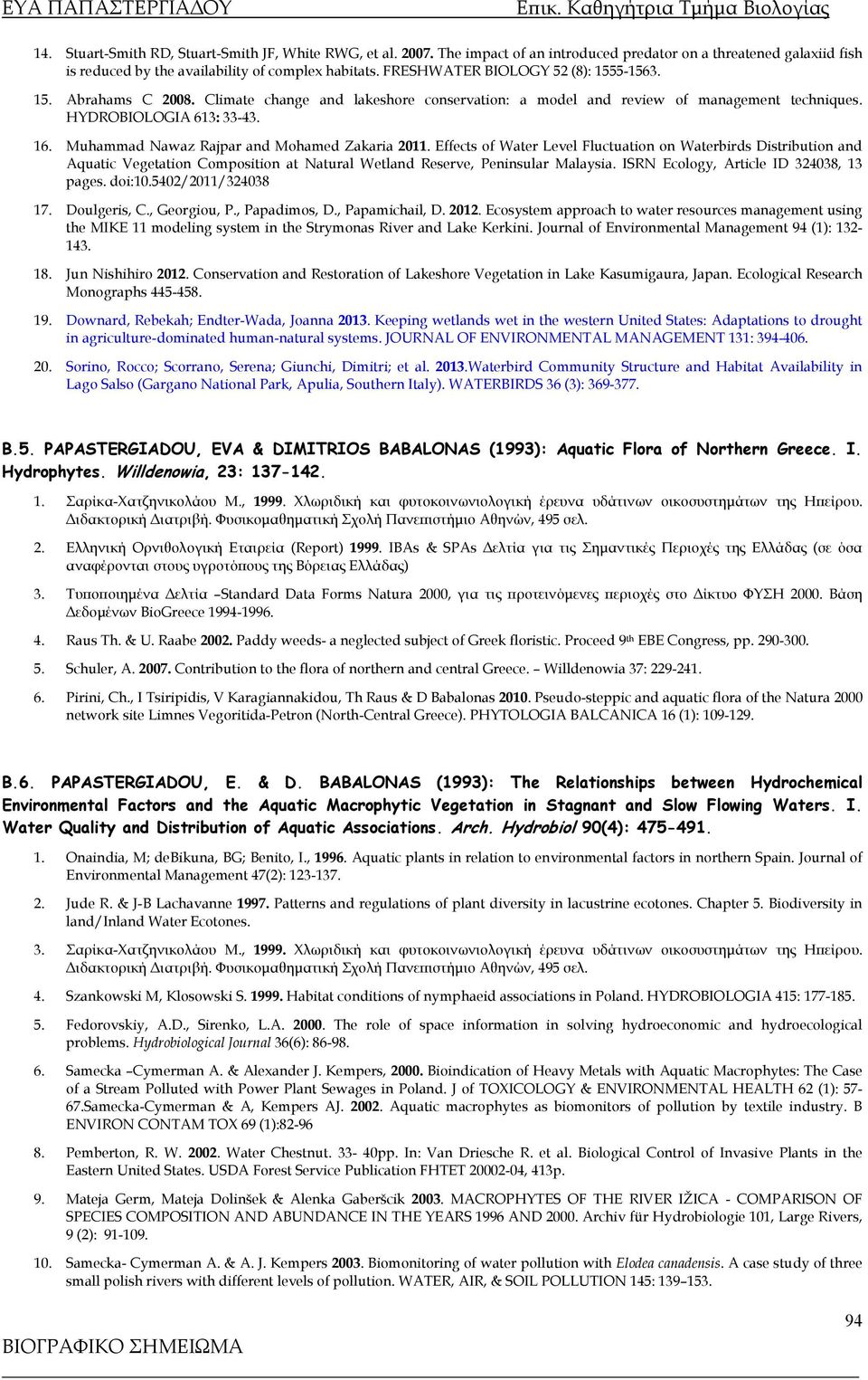 Muhammad Nawaz Rajpar and Mohamed Zakaria 2011. Effects of Water Level Fluctuation on Waterbirds Distribution and Aquatic Vegetation Composition at Natural Wetland Reserve, Peninsular Malaysia.