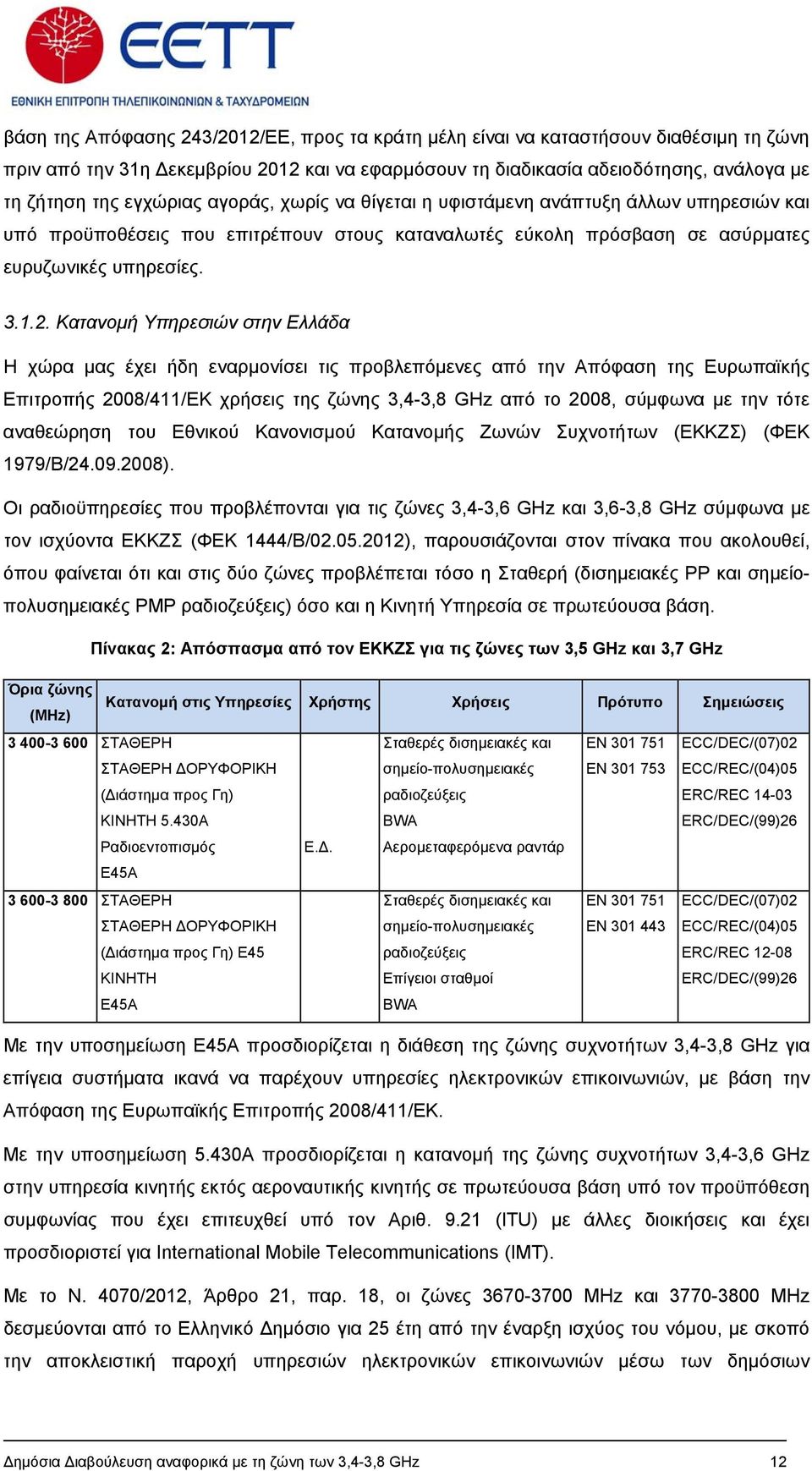 Κατανομή Υπηρεσιών στην Ελλάδα H χώρα μας έχει ήδη εναρμονίσει τις προβλεπόμενες από την Απόφαση της Ευρωπαϊκής Επιτροπής 2008/411/ΕΚ χρήσεις της ζώνης 3,4-3,8 GHz από το 2008, σύμφωνα με την τότε