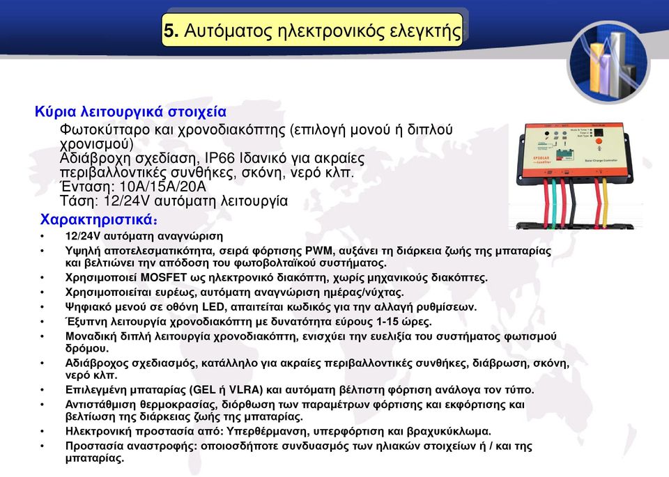 Ένταση: 10A/15A/20A Τάση: 12/24V αυτόματη λειτουργία Χαρακτηριστικά: 12/24V αυτόματη αναγνώριση Υψηλή αποτελεσματικότητα, σειρά φόρτισης PWM, αυξάνει τη διάρκεια ζωής της μπαταρίας και βελτιώνει την