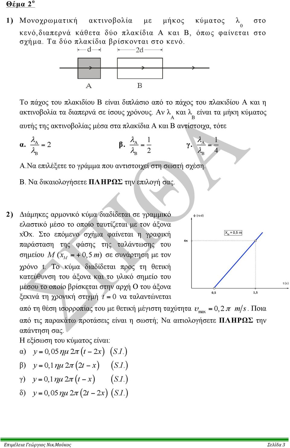 Αν λ Α και λ είναι τα µήκη κύµατος αυτής της ακτινοβολίας µέσα στα πλακίδια Α και αντίστοιχα, τότε α. = 2 β. = γ. = λ λ 2 λ A.Να επιλέξετε το γράµµα που αντιστοιχεί στη σωστή σχέση. B.