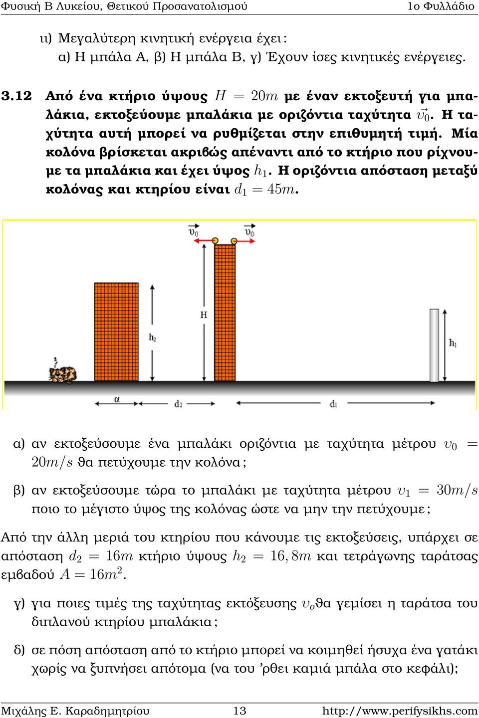 Μία κολόνα ϐρίσκεται ακριβώς απέναντι από το κτήριο που ϱίχνου- µε τα µπαλάκια και έχει ύψος h 1. Η οριζόντια απόσταση µεταξύ κολόνας και κτηρίου είναι d 1 = 45m.