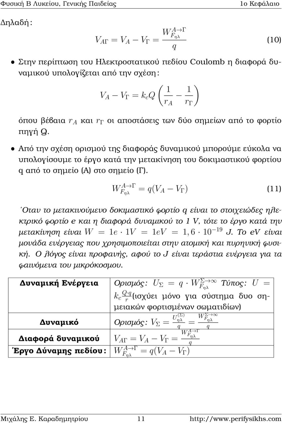 ˆ Από την σχέση ορισµού της διαφοράς δυναµικού µπορούµε εύκολα να υπολογίσουµε το έργο κατά την µετακίνηση του δοκιµαστικού ϕορτίου από το σηµείο (Α) στο σηµείο (Γ).