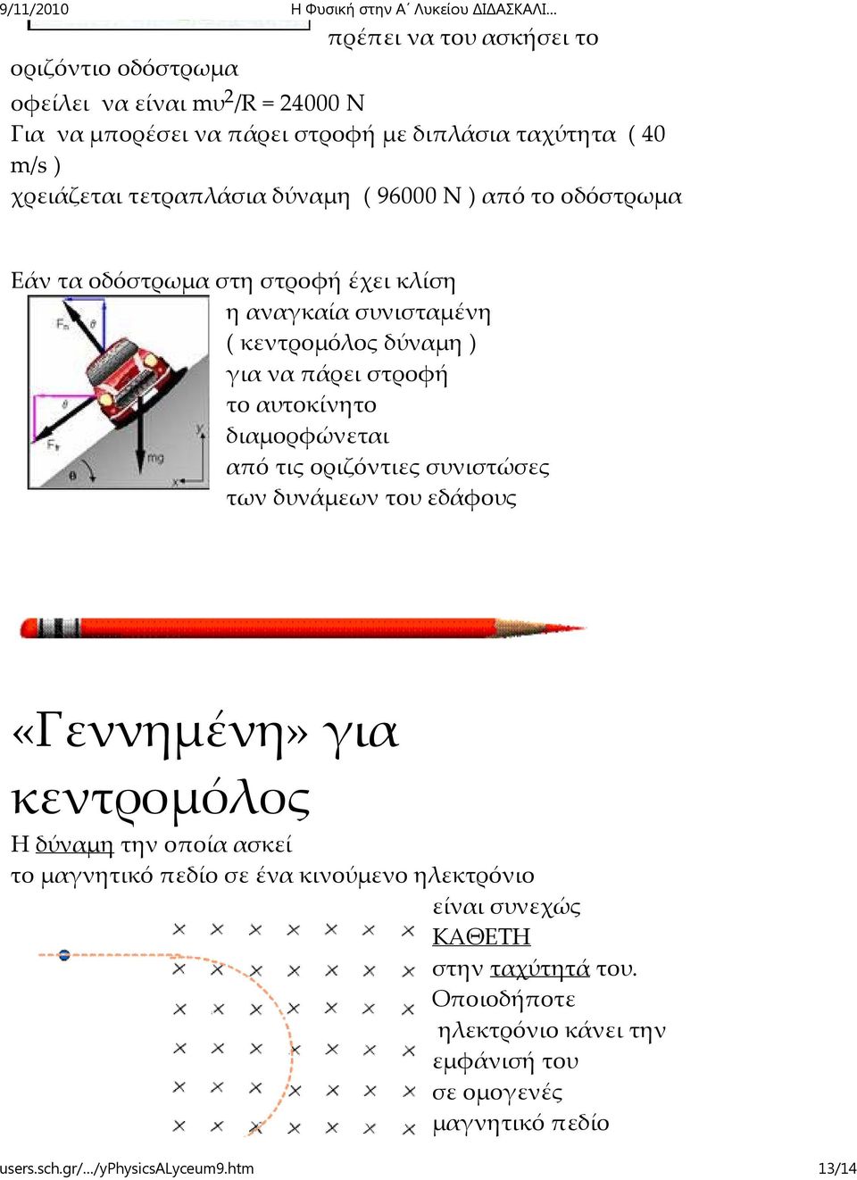 αυτοκίνητο διαµορφώνεται από τις οριζόντιες συνιστώσες των δυνάµεων του εδάφους «Γεννηµένη» για κεντροµόλος Η δύναµη την οποία ασκεί το µαγνητικό πεδίο σε ένα