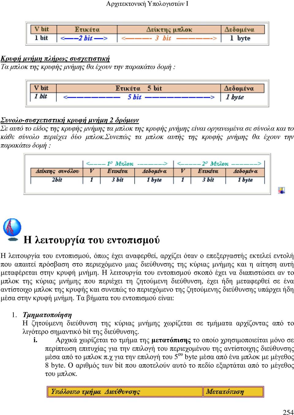 συνεπώς τα µπλοκ αυτής της κρυφής µνήµης θα έχουν την παρακάτω δοµή : Η λειτουργία του εντοπισµού Η λειτουργία του εντοπισµού, όπως έχει αναφερθεί, αρχίζει όταν ο επεξεργαστής εκτελεί εντολή που