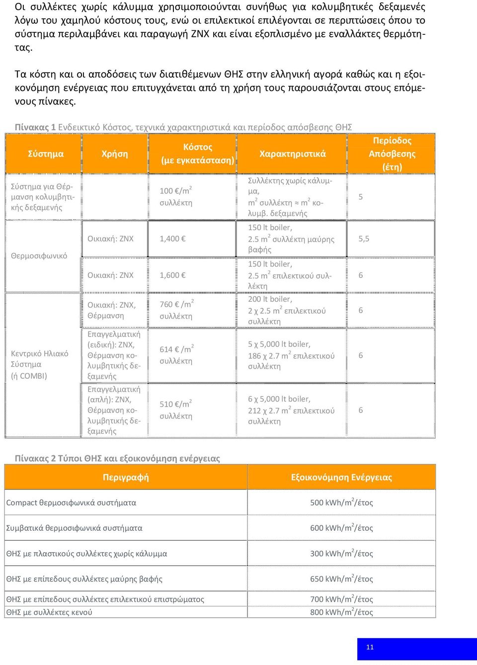 Τα κόστη και οι αποδόσεις των διατιθέμενων ΘΗΣ στην ελληνική αγορά καθώς και η εξοικονόμηση ενέργειας που επιτυγχάνεται από τη χρήση τους παρουσιάζονται στους επόμενους πίνακες.