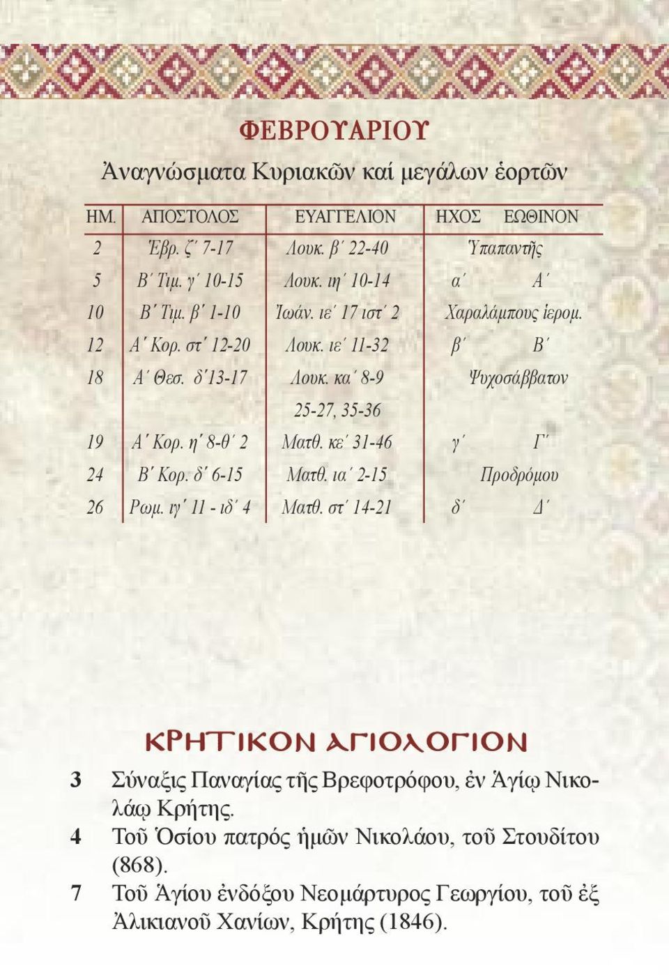 κα 8-9 Ψυχοσάββατον 25-27, 35-36 19 Α Κορ. η 8-θ 2 Ματθ. κε 31-46 γ Γ 24 Β Κορ. δ 6-15 Ματθ. ια 2-15 Προδρόμου 26 Ρωμ. ιγ 11 - ιδ 4 Ματθ.