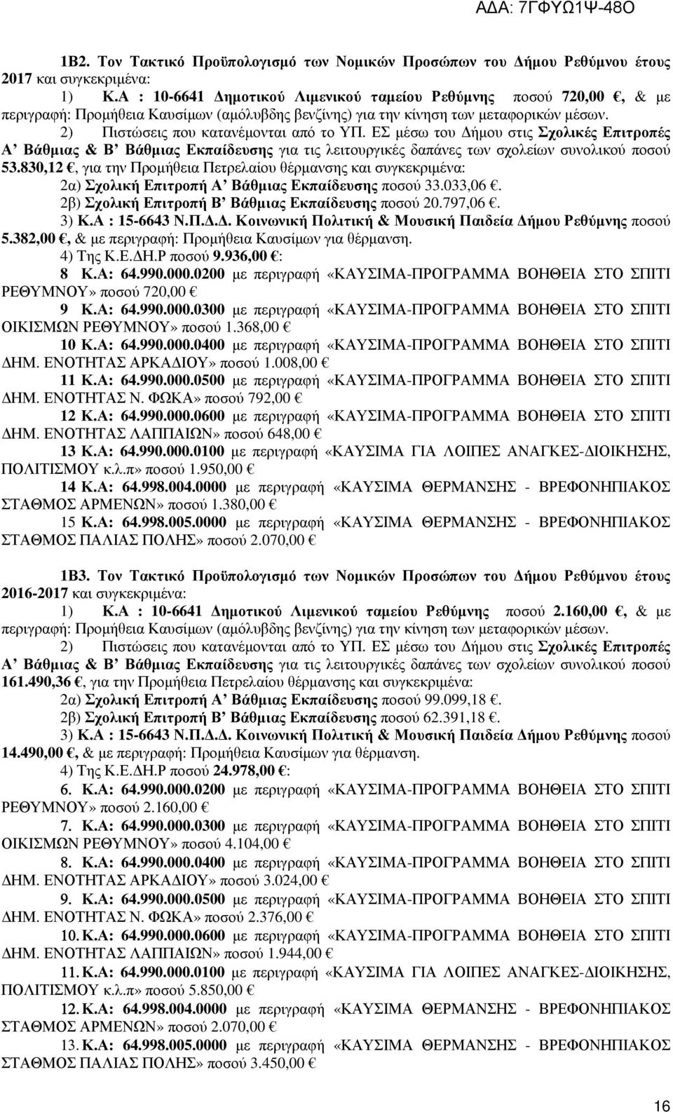 ΕΣ µέσω του ήµου στις Σχολικές Επιτροπές Α Βάθµιας & Β Βάθµιας Εκπαίδευσης για τις λειτουργικές δαπάνες των σχολείων συνολικού ποσού 53.