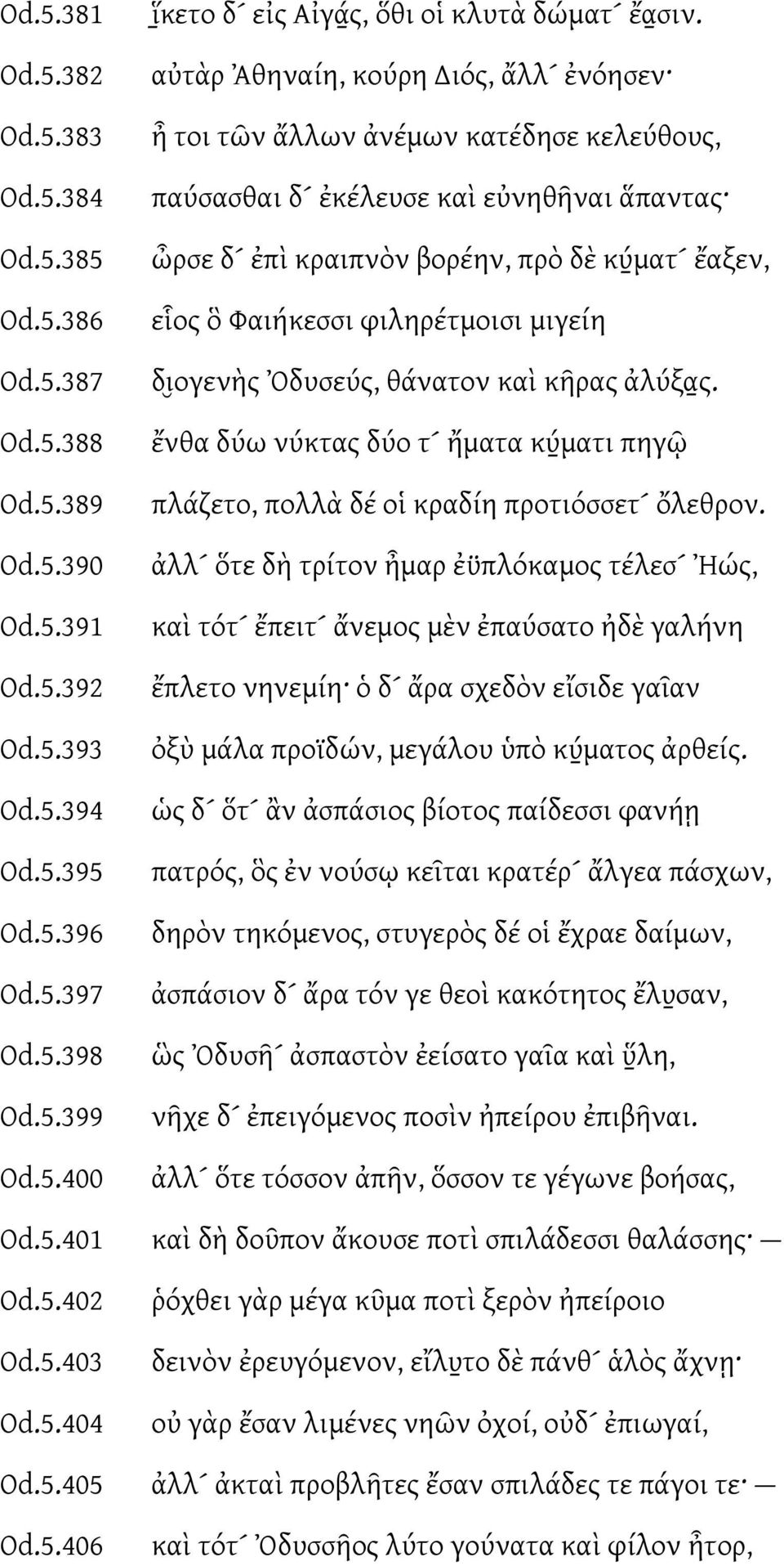 φιληρέτμοισι μιγείη Od.5.387 διογενὴς δυσεύς, θάνατον καὶ κῆρας ἀλύξα ς. Od.5.388 Od.5.389 Od.5.390 Od.5.391 Od.5.392 Od.5.393 Od.5.394 Od.5.395 Od.5.396 Od.5.397 Od.5.398 Od.5.399 Od.5.400 ἔνθα δύω νύκτας δύο τ ἤματα κύ ματι πηγῶ πλάζετο, πολλὰ δέ ο κραδίη προτιόσσετ ὄλεθρον.