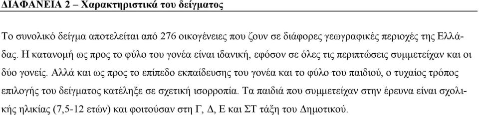 Αλλά και ως προς το επίπεδο εκπαίδευσης του γονέα και το φύλο του παιδιού, ο τυχαίος τρόπος επιλογής του δείγματος κατέληξε σε