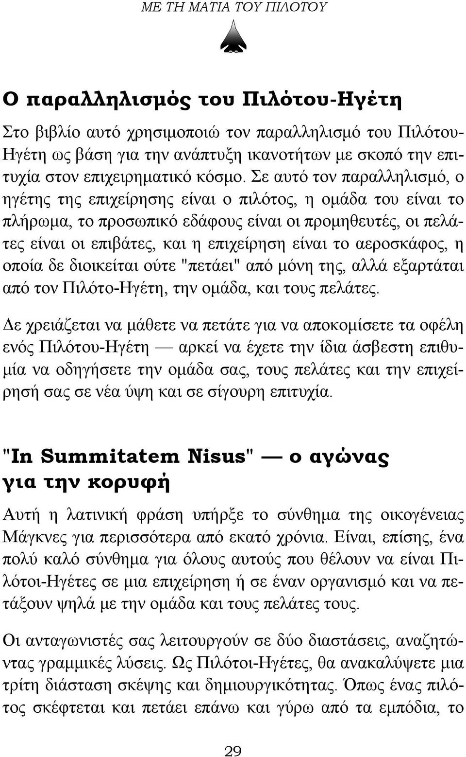 Σε αυτό τον παραλληλισμό, ο ηγέτης της επιχείρησης είναι ο πιλότος, η ομάδα του είναι το πλήρωμα, το προσωπικό εδάφους είναι οι προμηθευτές, οι πελάτες είναι οι επιβάτες, και η επιχείρηση είναι το