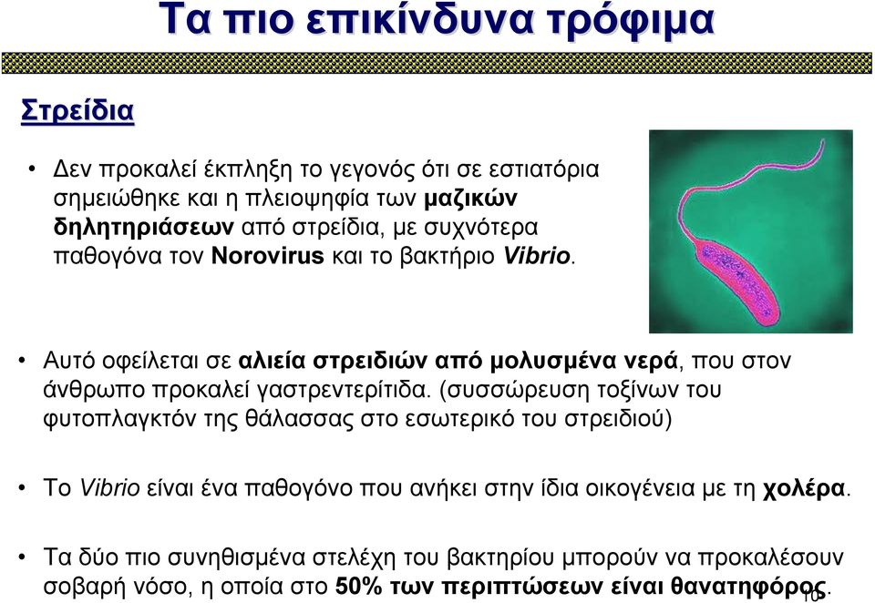 Αυτό οφείλεται σε αλιεία στρειδιών από μολυσμένα νερά, που στον άνθρωπο προκαλεί γαστρεντερίτιδα.