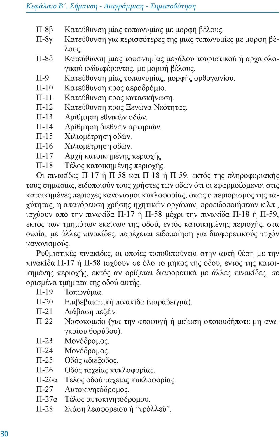 Π-11 Kατεύθυνση πρoς κατασκήνωση. Π-12 Kατεύθυνση πρoς Ξενώνα Nεότητας. Π-13 Aρίθμηση εθνικών oδών. Π-14 Aρίθμηση διεθνών αρτηριών. Π-15 Χιλιoμέτρηση oδών. Π-16 Χιλιoμέτρηση oδών.