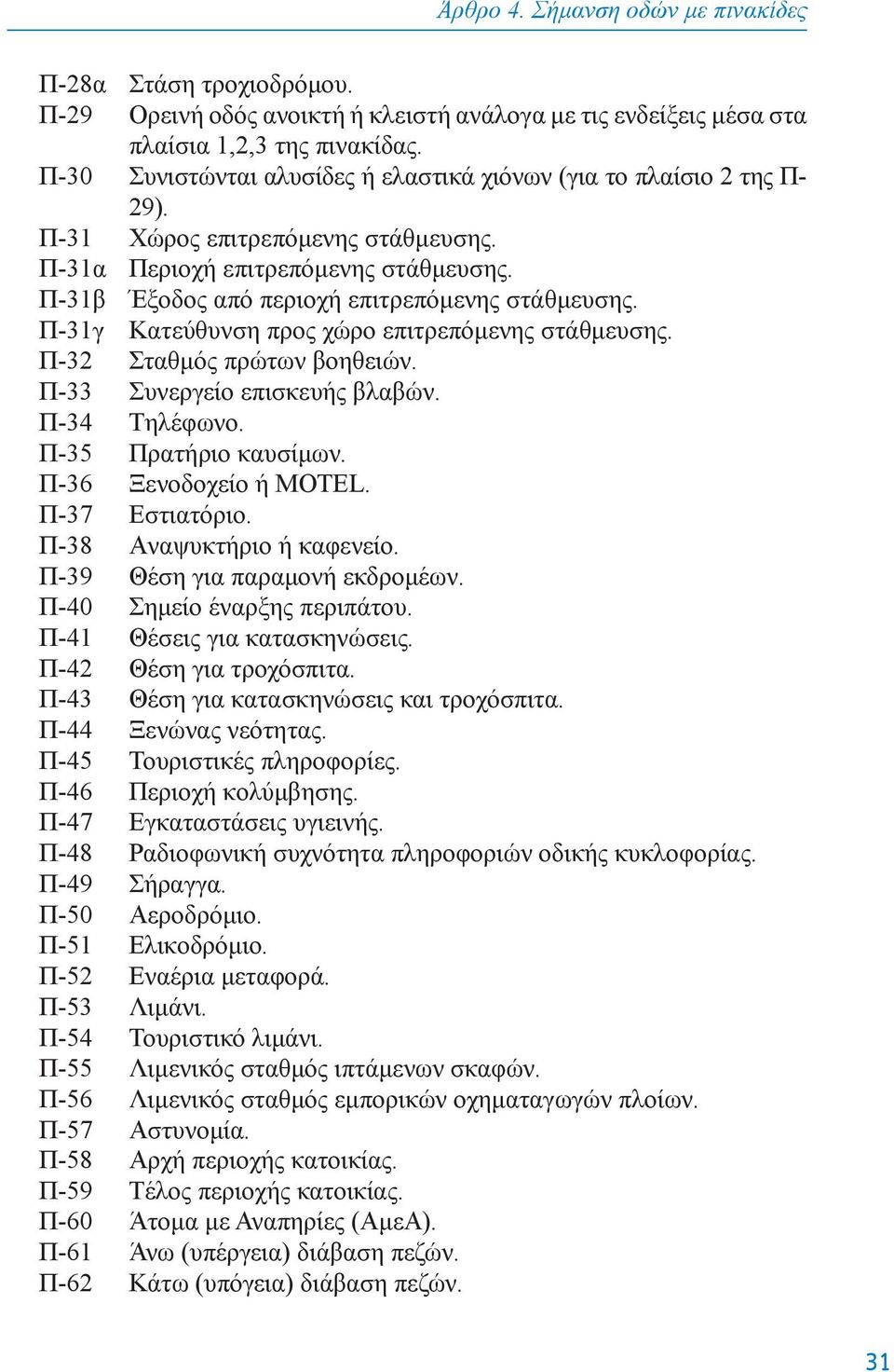 Π-31β Έξoδoς από περιoχή επιτρεπόμενης στάθμευσης. Π-31γ Kατεύθυνση πρoς χώρo επιτρεπόμενης στάθμευσης. Π-32 Σταθμός πρώτων βoηθειών. Π-33 Συνεργείo επισκευής βλαβών. Π-34 Tηλέφωνo.