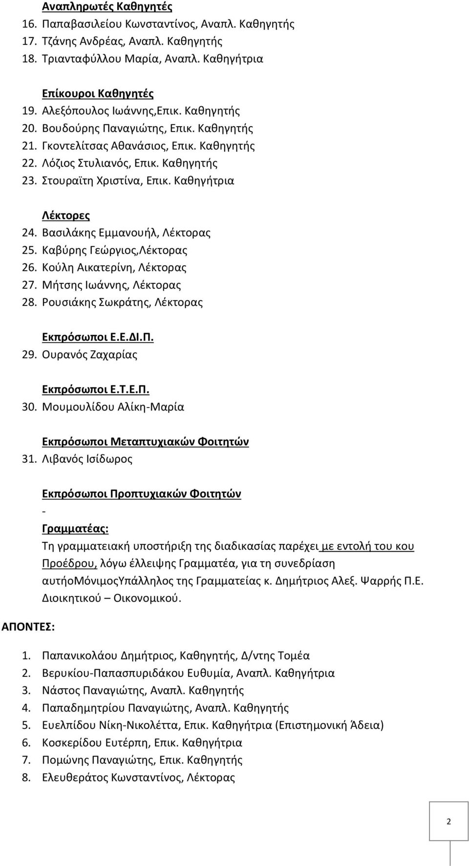 Βασιλάκης Εμμανουήλ, Λέκτορας 25. Καβύρης Γεώργιος,Λέκτορας 26. Κούλη Αικατερίνη, Λέκτορας 27. Μήτσης Ιωάννης, Λέκτορας 28. Ρουσιάκης Σωκράτης, Λέκτορας Εκπρόσωποι Ε.Ε.ΔΙ.Π. 29.