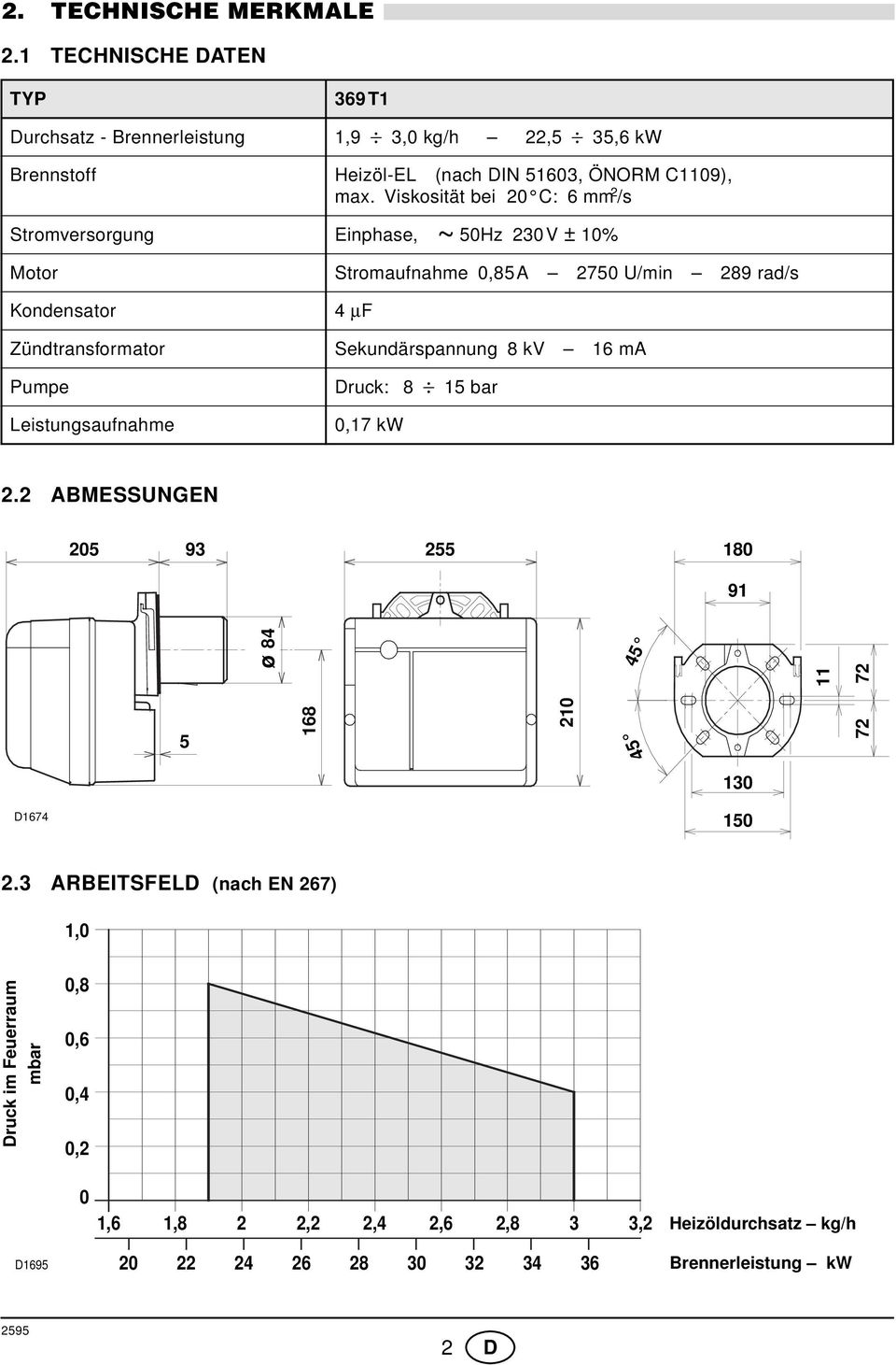 Zündtransformator Sekundärspannung 8 kv 6 ma Pumpe Leistungsaufnahme Druck: 8 5 bar 0,7 kw.