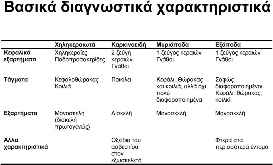 Θώρακας και κοιλιά, αλλά όχι πολύ διαφοροποιημένα Σαφώς διαφοροποιημένοι: Κεφάλι, θώρακας, κοιλιά Εξαρτήματα Μονοσκελή