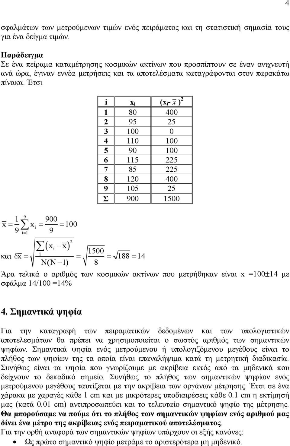 Έτσι i i ( i - ) 1 80 400 95 5 3 100 0 4 110 100 5 90 100 6 115 5 7 85 5 8 10 400 9 105 5 Σ 900 1500 9 1 900 i 9 i= 1 9 = = = 100 ( ) i i 1500 και δ = = = 188 = 14 ( 1) 8 Άρα τελικά ο αριθμός των